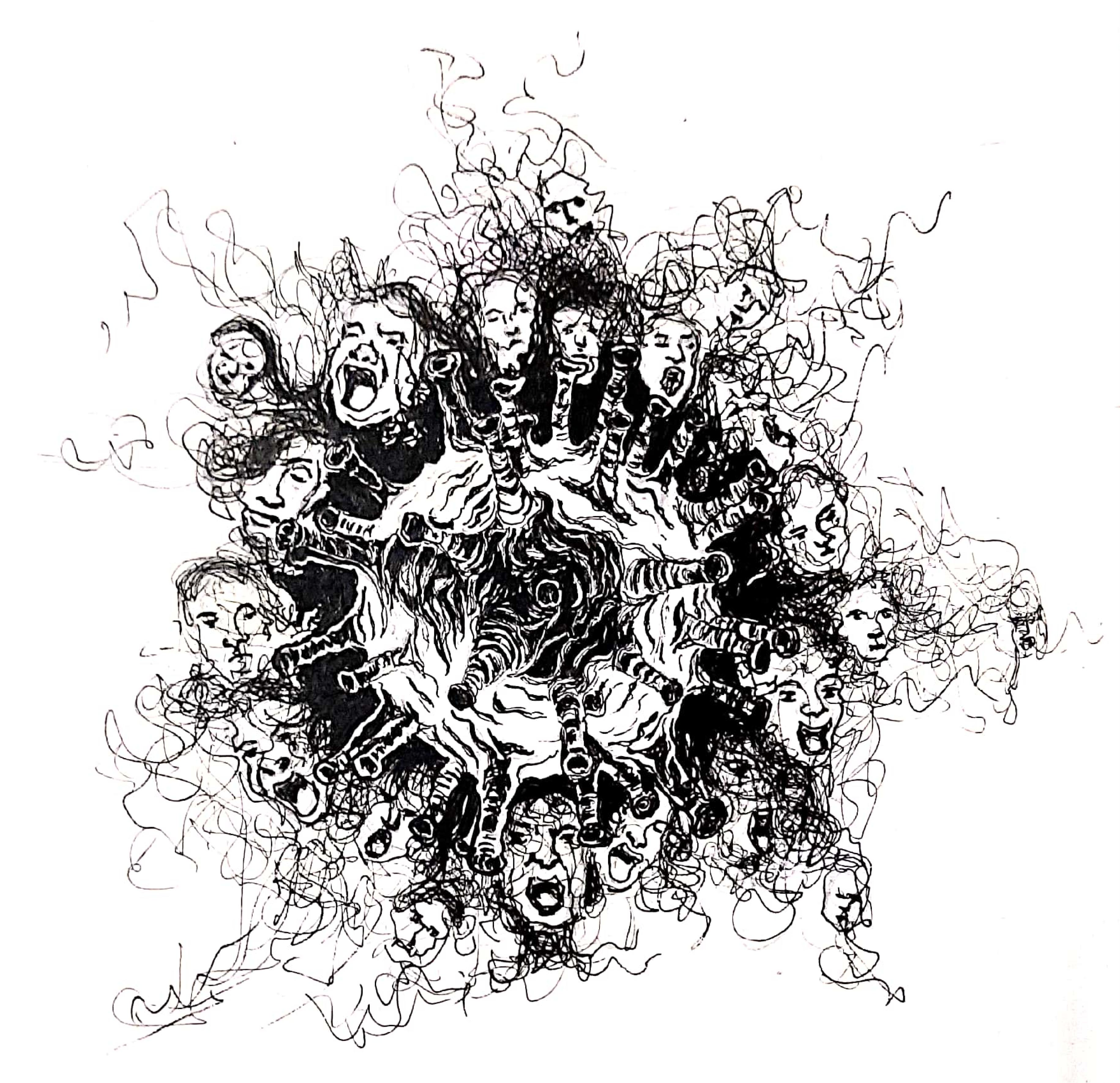 Collective consciousness - Multiple faces and expressions in chaotic composition