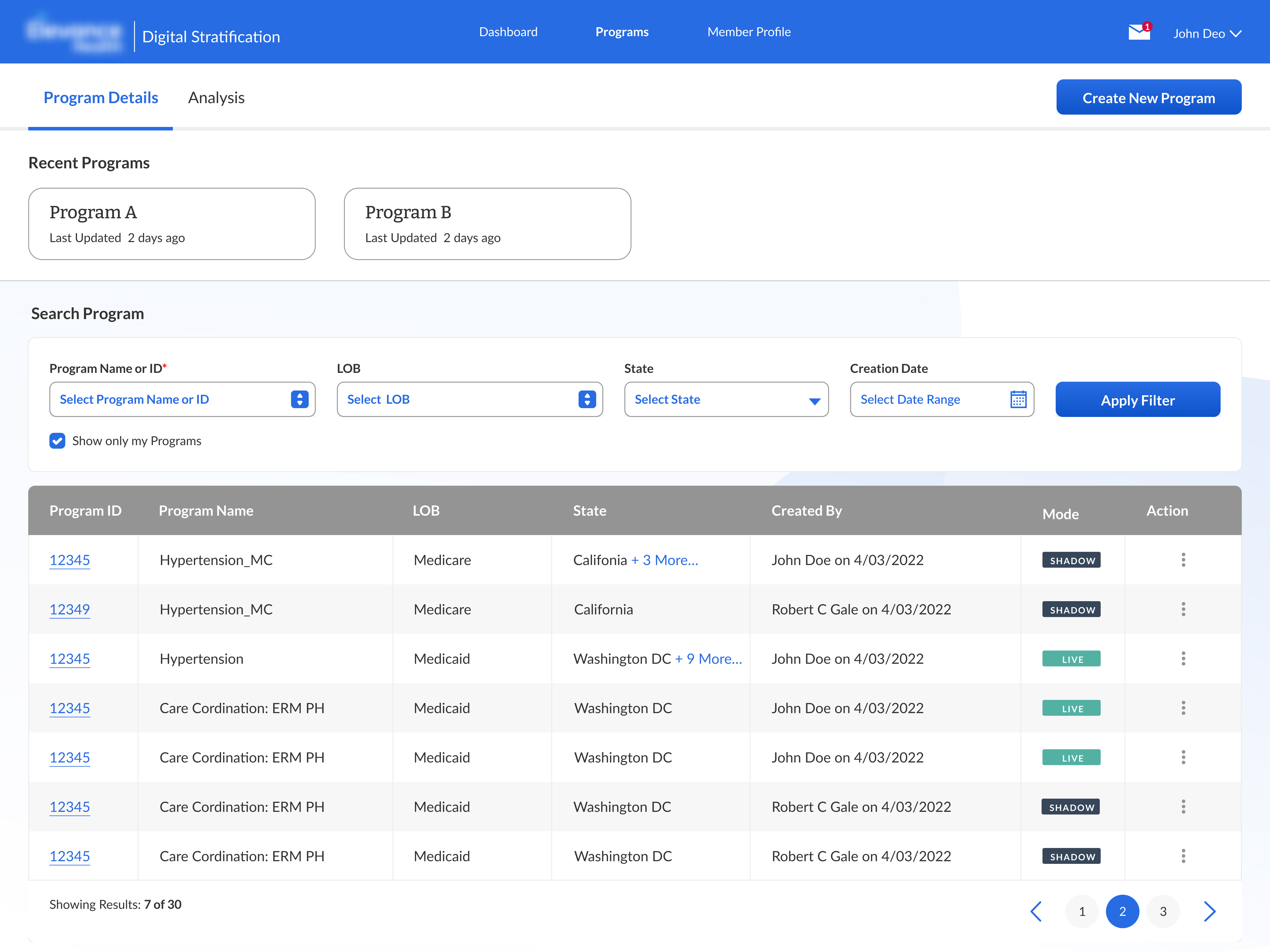 Program landing page with search and data table