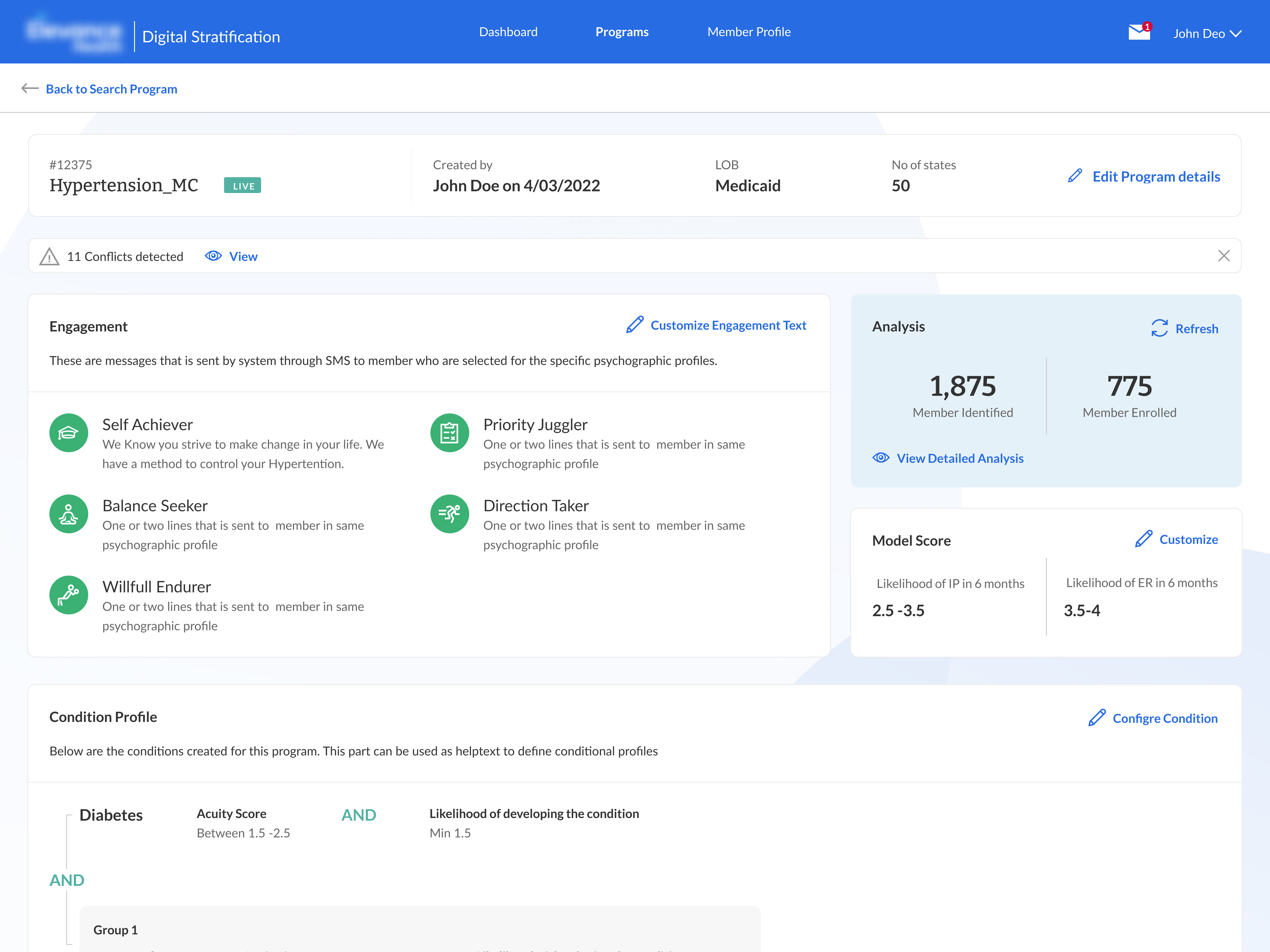 Detailed program view with engagement settings