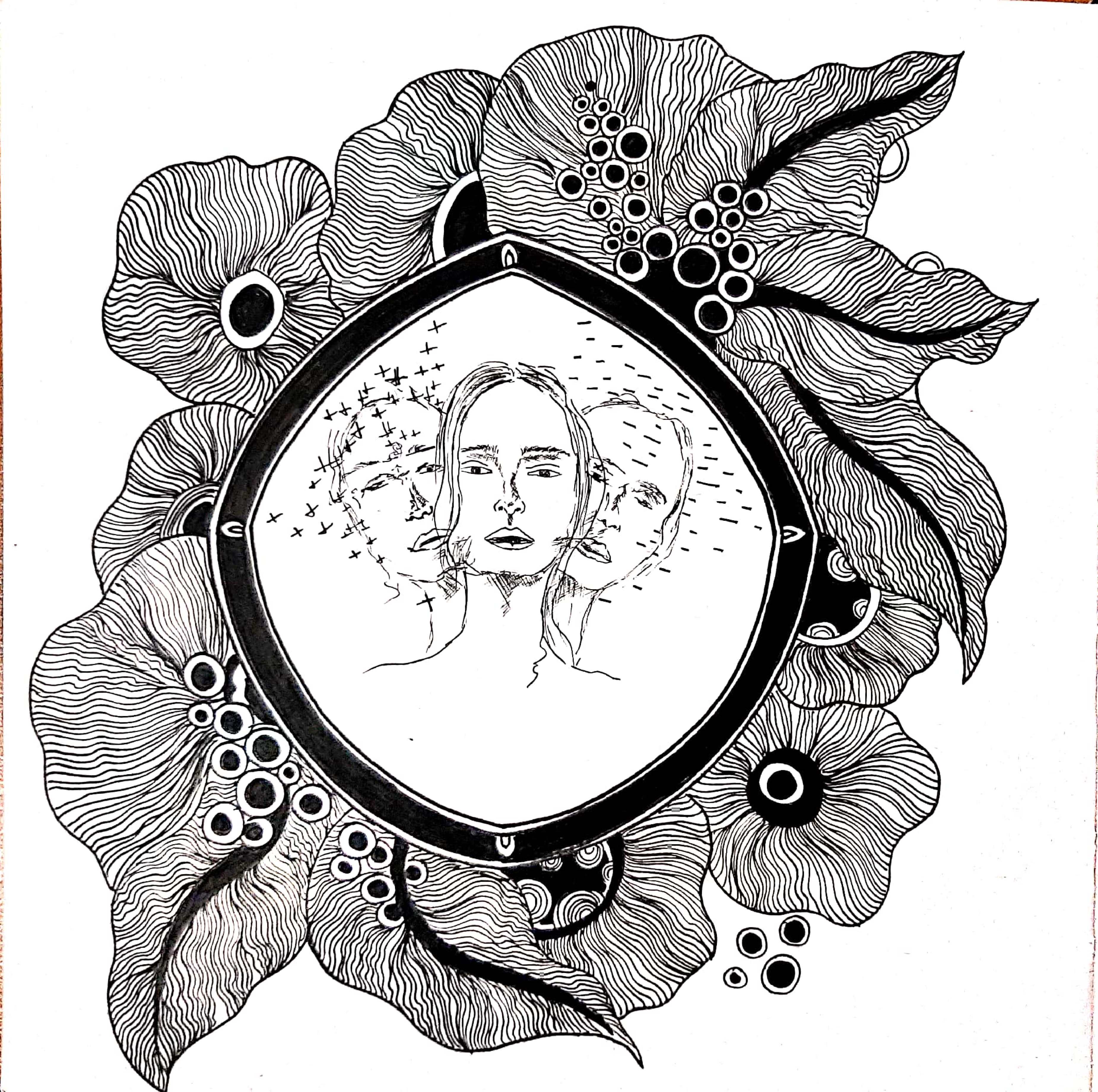 Self-reflection - Multiple reflections in mirror framed by organic shapes