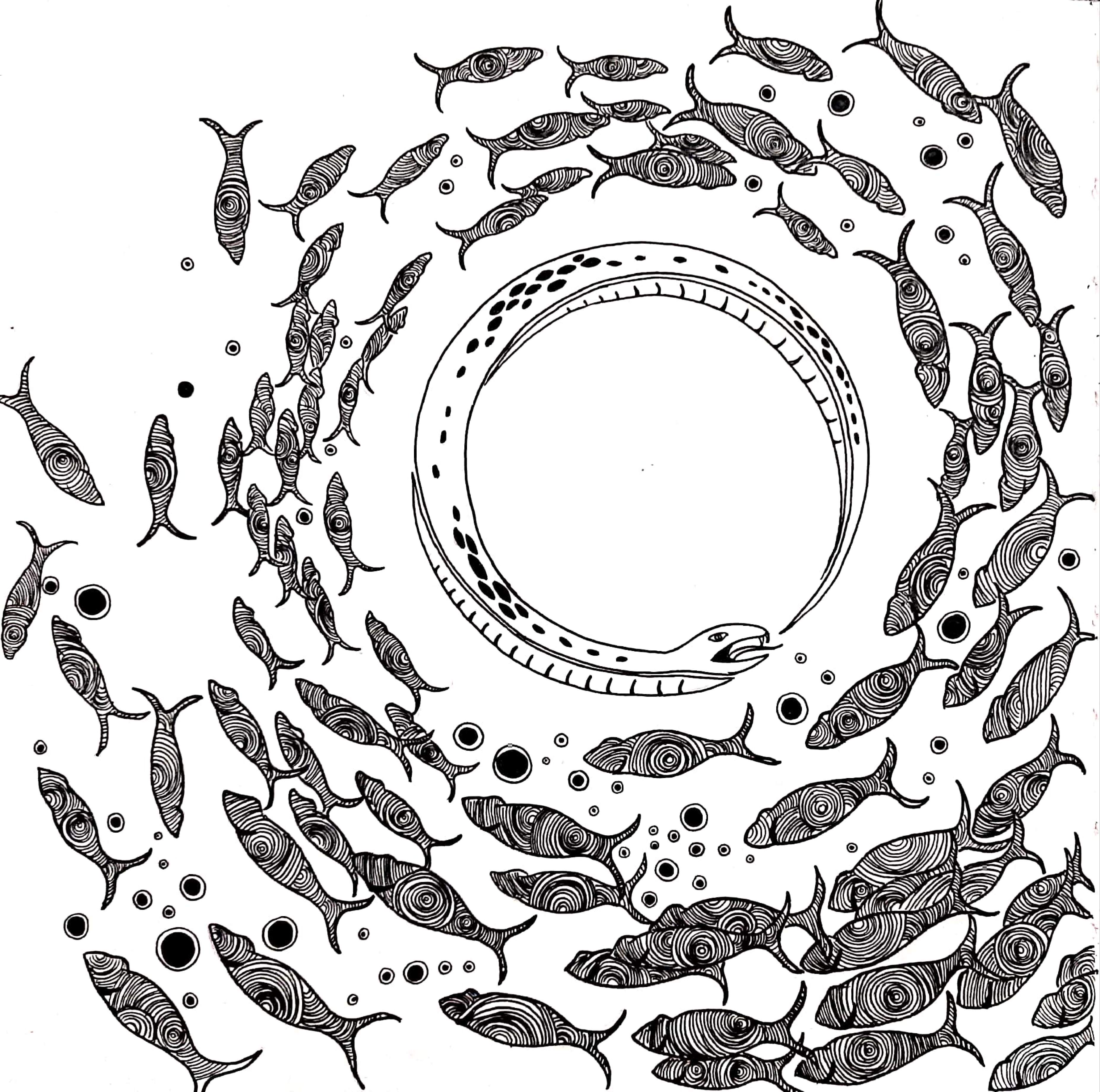 Flow and movement - Fish arranged in spiral mandala pattern